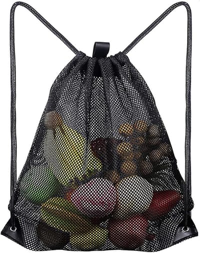 Ruime Mesh Strandtas met Trekkoord, Ideaal voor Sport, Zwemmen, Reizen en Kamperen (Zwart)
