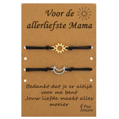 Moeder Kind Armbandjes voor 2 "Voor de Allerliefste Mama" - Zon & Maan - Vriendschapsarmbandjes met Persoonlijk Cadeau Kaartje - Zilverkleurig & Goudkleurig - Elastisch Verstelbaar - Pax Amare