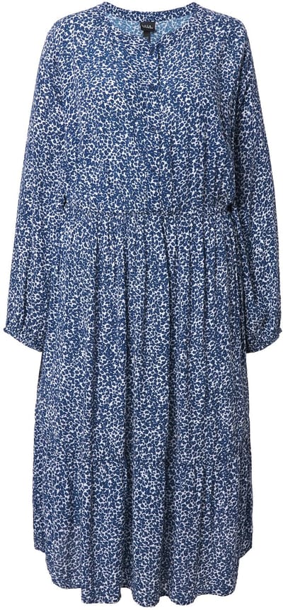 Ulla Popken - Dames - Midi-jurk A-lijn ronde hals lange mouw crêpe - Donkerblauw - Maat 42+