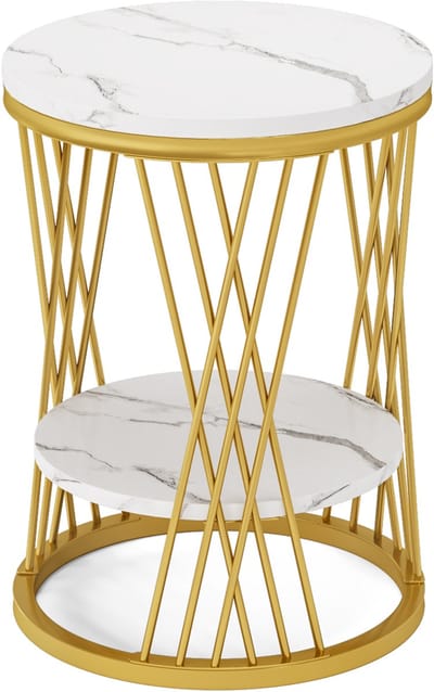 DMG Supply Bijzettafel - Rond - 2 Lagen - Marmerlook - Goudkleurig Metalen Frame - 45 x 45 x 60 cm - Wit en Goud