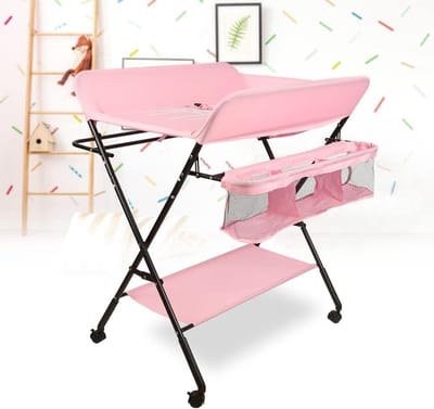 Luiertafel Opvouwbaar - Baby Commode Draagbaar - Baby Verzorgen - Met Opbergtas Wielen - 98 cm Hoog - Roze