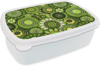 Broodtrommel Wit - Lunchbox - Brooddoos - Bloemen - Groen - Patroon - 18x12x6 cm - Volwassenen
