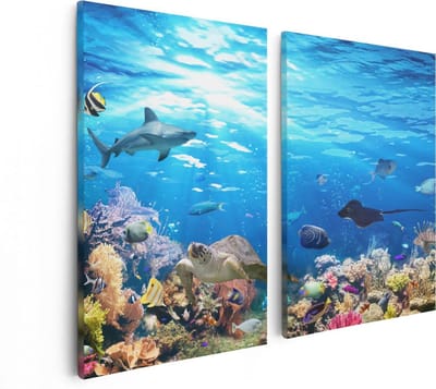 Artaza Canvas Schilderij Tweeluik Vissen met Koraalrif Onder Water - 80x60 - Foto Op Canvas - Canvas Print