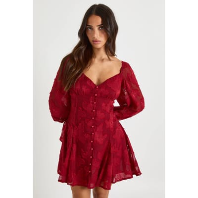 boohoo Dames Petite Burnout Bloemenprint Mini-Jurk met Godetzoom | Bordeaux Rood | Maat: 36