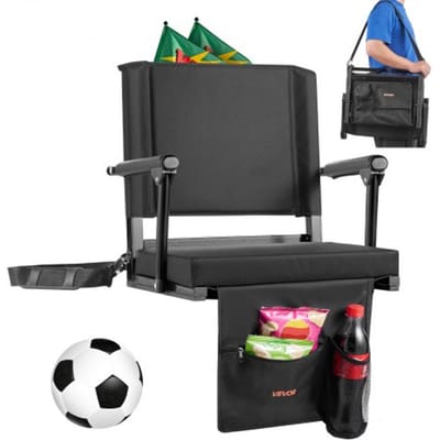 VEVOR Stadium Seat Draagbare tribunestoel met rugleuning en armleuningen, tribunestoel met schouderband, bekerhouder en haak, stadionstoel gemaakt van 600D Oxford-stof (totale breedte 474,98 mm) Zwart