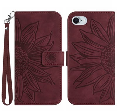 Coverup Hoesje - Geschikt voor iPhone 16e / 17e Hoesje - Coverup Zonnebloem Book Case met Koord - Bordeaux