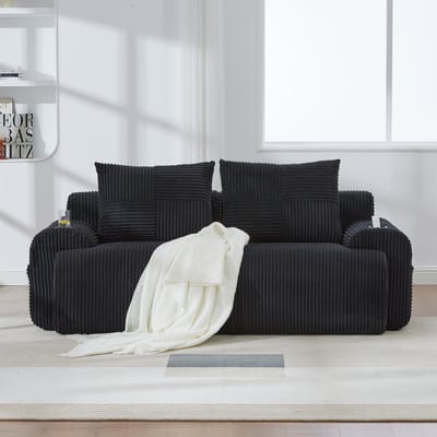 DESMIU Zitbank 200x99x80 cm - Modulaire 2-Zits Met Bekerhouder & Zijvak - Voor Woonkamer En Loungeruimte - Corduroy Zwart