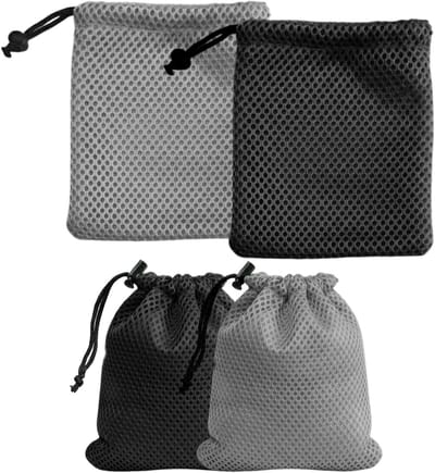 Set van 4 Kleine Mesh Tassen met Trekkoord, 10 x 15 cm, Ideaal voor Sleutels, Mobiele Telefoons en Opladers, Handige Opbergoplossing voor Accessoires
