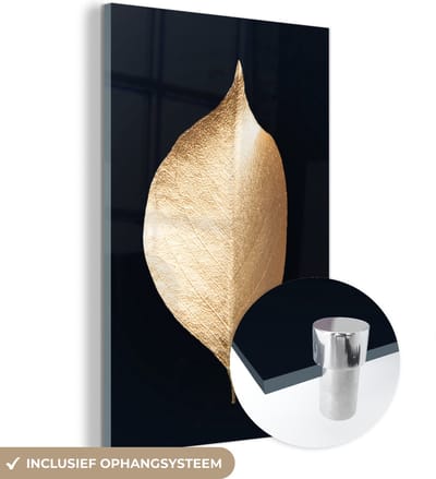 MuchoWow® Glasschilderij 120x180 cm - Schilderij acrylglas - Bladeren - Goud - Zwart - Planten - Luxe - Foto op glas - Schilderijen