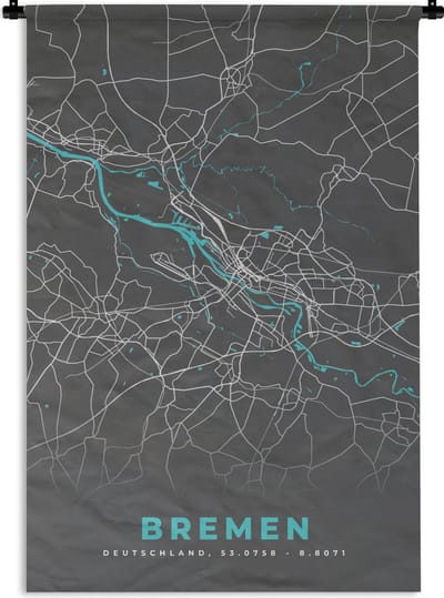 Wandkleed - Wanddoek - Duitsland – Blauw – Bremen – Stadskaart – Kaart – Plattegrond - 120x180 cm - Wandtapijt