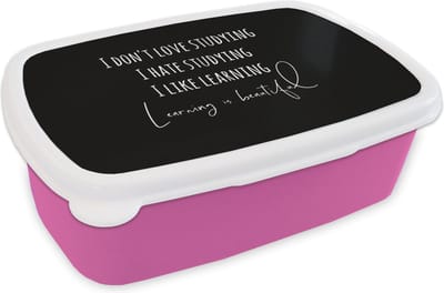 Broodtrommel Roze - Lunchbox - Brooddoos - Quote - Studeren - Liefde - 18x12x6 cm - Kinderen - Meisje