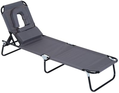 Ligbed met Hoofdsteun - Opvouwbaar - Ligstoel met 4-Voudig Verstelbare Rugleuning - Campingligstoel met leesvenster - Draagvermogen tot 120 kg - Zonnebed - Ligstoel - Verstelbaar - Relaxstoel voor Tuin, Terras, Zwembad en Balkon - Grijs
