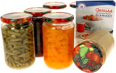Set van 6 ronde potten 720 ml To 82 fruit decor deksel incl. Diamant Gelierzauber receptenboekje