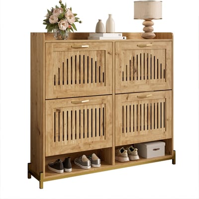 Schoenenkast - 108,5x24x100 cm hout - 4 verticale lamellendeuren - metalen sokkel - bovenvak