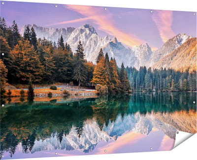 Gards Tuinposter Meer met Weerspiegeling van de Bergen - 180x120 cm - Tuindoek - Tuindecoratie - Wanddecoratie buiten - Tuinschilderij