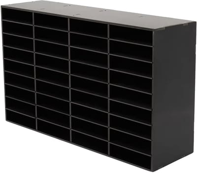 Literatuurorganizer – Voor het sorteren van papier, post en documenten in kantoor of klaslokaal – 36 compartimenten met verwijderbare planken voor flexibel gebruik – 35,0 × 30,0 × 40,0 cm – zwart en grijs – kunststof