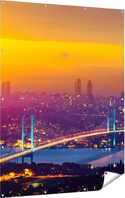 Gards Tuinposter Bosporusbrug in Istanbul bij Zonsondergang - 120x160 cm - Tuindoek - Tuindecoratie - Wanddecoratie buiten - Tuinschilderij