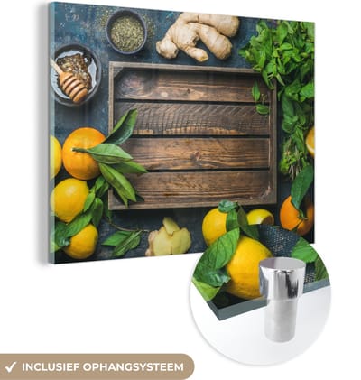 MuchoWow® Glasschilderij 120x90 cm - Schilderij acrylglas - Fruitkist - Citroen - Fruit - Foto op glas - Schilderijen