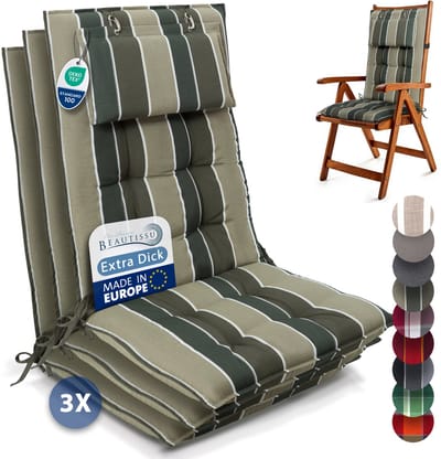 Beautissu Sun-HL - Set van 3 Premium Hoge Rugleuning Kussen met Hoofdkussen 120x50 cm – UV-bestendig & 8cm Dik Kussen Tuinstoelkussen Antislip Bevestigingsbanden – Stevige Stof Groen gestreept