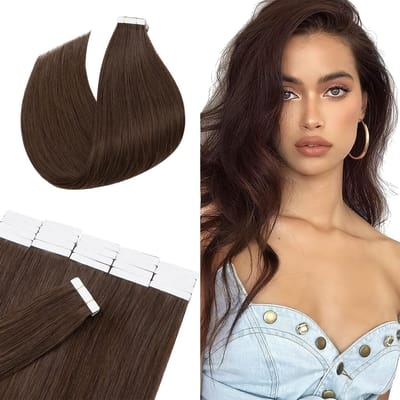 Tape in haarextensions van menselijk haar - onzichtbare naadloze haarstukjes voor volume en lengte, medium bruin #4, 45 cm (20 stuks)