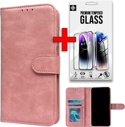 Casemania Hoesje & Glas Geschikt voor Apple iPhone 16e - Roze - Luxe Portemonnee Book Case - Glazen Screenprotector