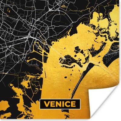 Poster Kaart - Venetië - Goud - Plattegrond - Stadskaart - 100x100 cm XXL
