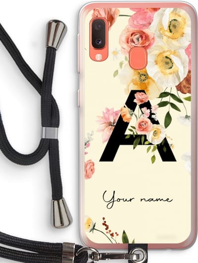 Gepersonaliseerd - Case Company® - Hoesje met koord geschikt voor Samsung Galaxy A20e hoesje met Koord - Flirty Flowers Monogram - Telefoonhoesje met Zwart Koord - Bescherming aan alle Kanten en Over de Schermrand