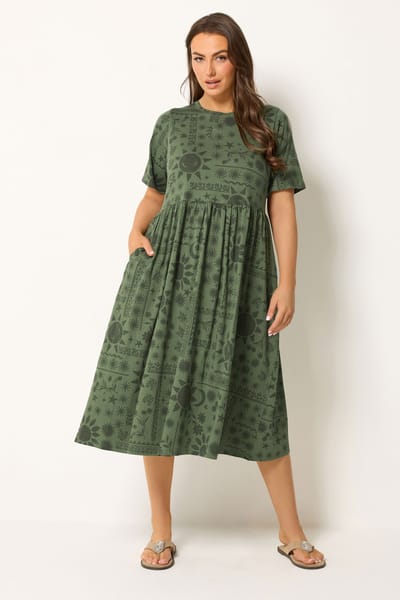Yours Kakigroene Losvallende Jurk Met Bloemenprint En Smokwerk Size 42