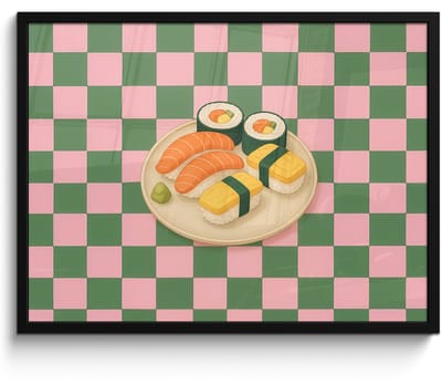 Poster in lijst - Fotolijst 70x50 cm - Posters - Sushi - Bord - Geblokt - Groen - Posterlijst zwart - Decoratie - Wanddecoratie woonkamer - Muurdecoratie slaapkamer