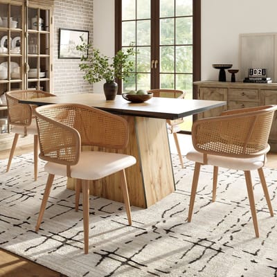Eetkamerstoelen Set van 4 - Rattan Rugleuning Stoel - PU Leren Zitting - Moderne Eetkamerstoel - Comfortabele Stoel - Ademend Zitcomfort - Keukenstoel - Woonkamerstoel - Restaurantstoel - Caféstoel - Moderne Stijl - Bruin