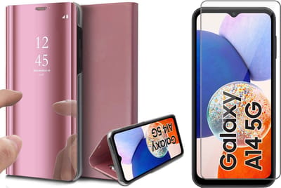 Hoesje geschikt voor Samsung Galaxy A14 - Screen Protector GlassGuard - Book Case Spiegel Roségoud & Screenprotector