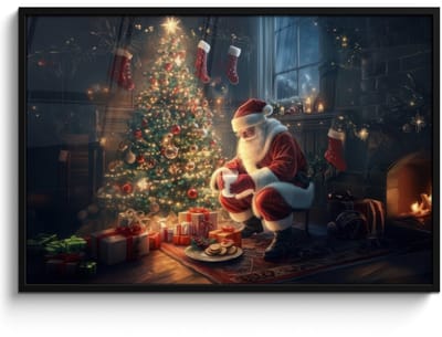 Poster in lijst - Fotolijst 120x80 cm - Posters - Kerstman - Haard - Donker - Posterlijst zwart - Decoratie - Wanddecoratie woonkamer - Muurdecoratie slaapkamer - Kerstversiering - Kerstdecoratie voor binnen - Kerstmis