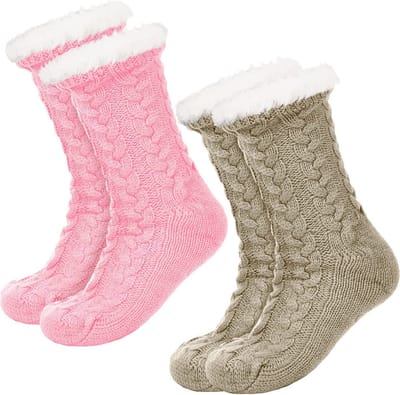 JAXY Huissokken - Huissokken Dames en Heren - Verwarmde sokken - Anti Slip Sokken - Fleece Sokken - Dikke Sokken - Fluffy Sokken - Slofsokken - Warme Sokken - Bedsokken - Gevoerde Sokken - Winter Sokken - 2 Paar - Roze + Beige