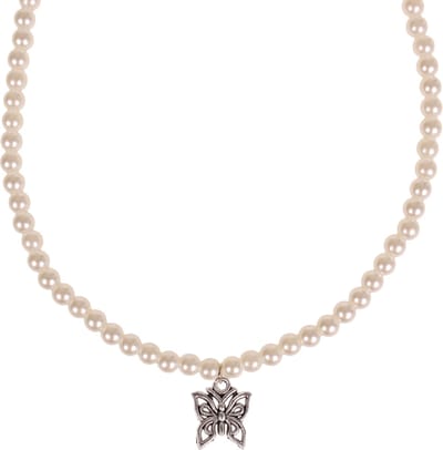 Parelketting in kindermaat - ivoorkleurige imitatieparels 6mm - Hangertje Vlinder zilverkleurig 1,2cm