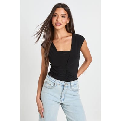 boohoo Dames Geplooid Bodysuit Met V-hals In Glanzende Stof | Black | Maat: 16