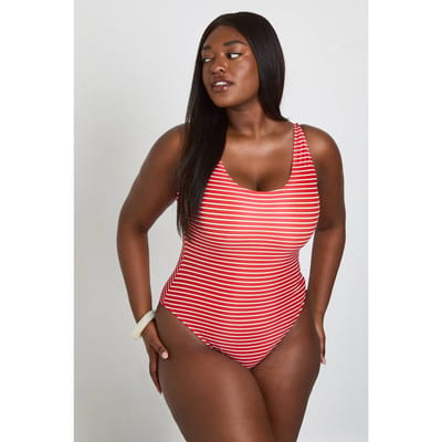 boohoo Dames Plus Gestreept Badpak Met Ronde Hals | Rood | Maat: 56
