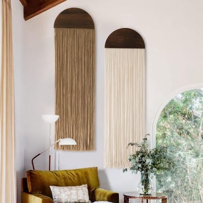 Wandkleed - Macramé Wanddecoratie - 2 Stuks - 90 x 30 cm - Macrame touw – Boho Interieur - Handgemaakte Boho Wandhanger van Katoen met Houten Stok - Geweven Wandkleed voor Woonkamer en Slaapkamer