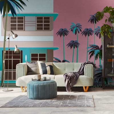 Fotobehang Profhome 398931-GU vliesbehang hardvinyl warmdruk in reliëf glad met architectonische motieven mat blauw zuurstokroze bruin 3,71 m x 2,8 m