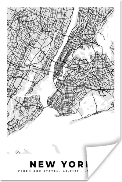 Poster New York - Stadskaart - Zwart Wit - Plattegrond - Kaart - 120x180 cm XXL