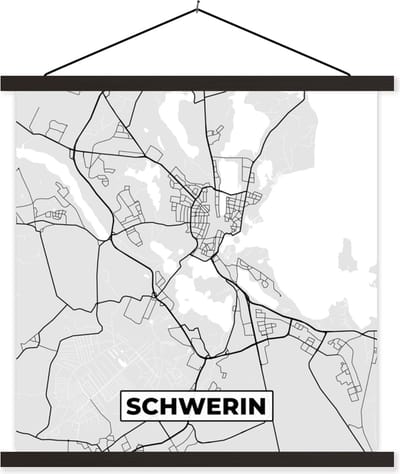 Posterhanger incl. Poster 60x60 cm - Schoolplaat - Schwerin- Kaart - Stadskaart - Plattegrond - Duitsland - Textielposter - Zwarte latten - Stadskaart