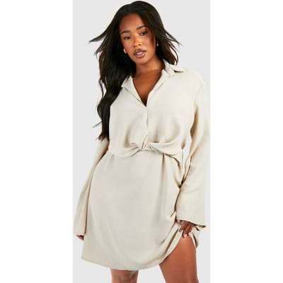 boohoo Dames Plus Hammered Twist Front Shift Jurk | Steen | Maat: 44