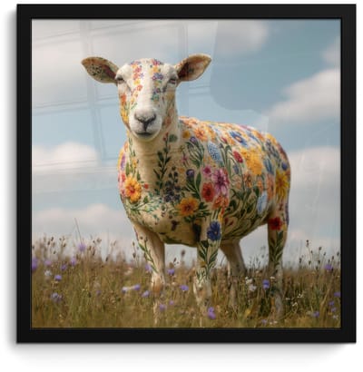 Poster in lijst - Fotolijst 40x40 cm - Posters - Schaap - Bloemen - Weide - Posterlijst zwart - Decoratie - Wanddecoratie woonkamer - Muurdecoratie slaapkamer