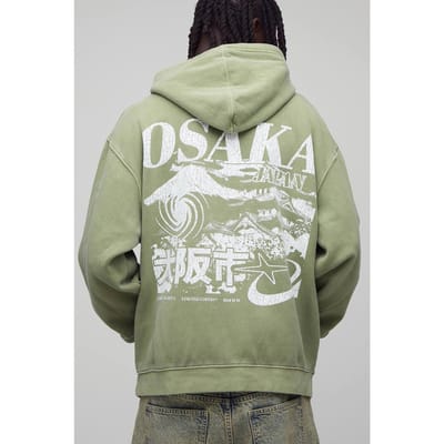 Oversized gewassen groene Osaka bedrukte hoodie | Green | Size XS