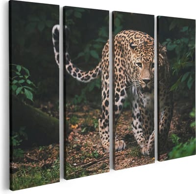 Artaza Canvas Schilderij Vierluik Luipaard In Het Bos - 80x60 cm - Wanddecoratie Woonkamer - Schilderijen - Muurdecoratie