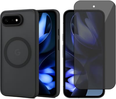 Hoesje + Privacy Screenprotector geschikt voor Google Pixel 9a Hoesje - Shock Proof Case geschikt voor Magsafe - Magnetisch - Gehard Glas- Privé - Zwart