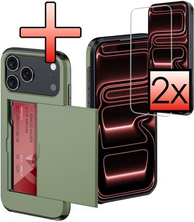 Hoes Geschikt voor iPhone 17 Pro Hoesje Pasjeshouder Hard Cover Met 2x Screenprotector Shock Proof Hard Case Hoes Met Kaarthouder - Donkergroen