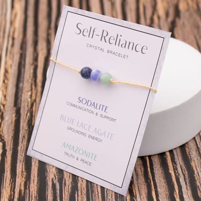 Bixorp "Self Reliance" Cadeau Armband - Zelfredzaamheid - Edelsteen Armbandje op kaartje - Sodaliet, Lace Agaat & Amazoniet