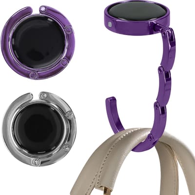 kwmobile tashanger voor tafels - 2 stuks - Uitvouwbare tassenhanger - Draagbare Tassenhaak - Hang je tas veilig op in restaurant en bar - In zilver / magenta-lila