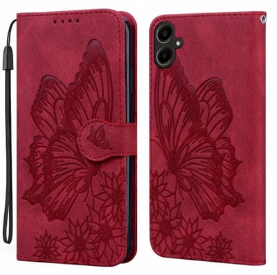 BoekCover Etui Hoes geschikt voor Samsung Galaxy A06 - A07 - Rood - Vlinder - Reliëf