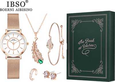 Boerni Aibisino Rosé Gouden Horloge, Ring , Armband, oorbellen en Ketting |  Goud luxe geschenk set luxe geschenk set | Crystal glas | Premium kwaliteit uurwerk Quartz Japan | Mineraal | Geschenk | Fashion | Elegant | Dames | Vrouw |